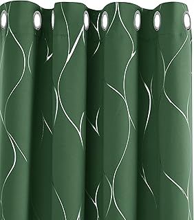 Deconovo Window Treatment Eyelet Room Darkening Curtains Silver Wave Line Foil Printed Blackout Curtains for Christmas Dark Forest W46 x L90 One Pair