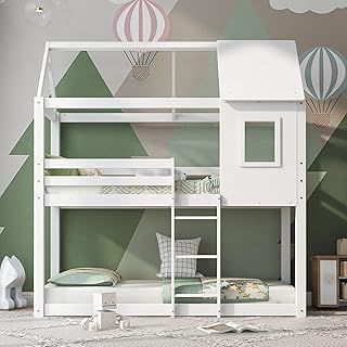 3ft Single Twin Kids Bed, Pine Wood Tree House Bunk Bed with Ladder, Canopy Cabin Bed with Roof and Windows, White, 90x190 cm