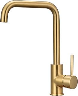 Kitchen Sink Mixer Tap Gold 360 Swivel Spout with Aerator Rectangle Design Single Lever Monobloc Faucet Mono Taps Mixers Brushed Gold Kitchen Mixer Taps 1 Hole Kitchen Tap in Gold