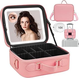 ViKert Travel Makeup Bag with Light Up Mirror,Makeup Travel Case with Adjustable dividers,Waterproof Makeup Train Case,Lighted Makeup Case with Detachable Mirror, Pink1