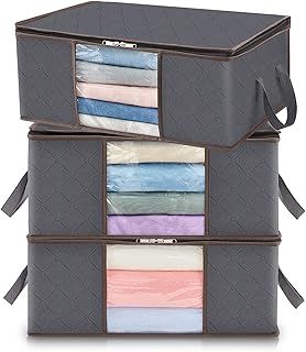 Lifewit 35L Clothes Storage Bag Foldable Storage Boxes with Lids Underbed Wardrobe Storage Organiser with Sturdy Fabric Clear Window for Clothing Bedding Sweaters T-shirts Blankets, 3 Pack, Grey
