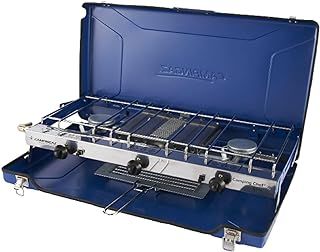 Campingaz Chef Folding Double Burner Stove and Grill, compact gas cooker for camping or festivals, Blue