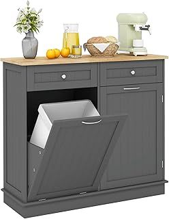 COSTWAY Sideboard with Trash Bin Hamper, Rubber Wood Top Tilt-out Trash Cabinet, Freestanding Storage Cupboard Unit for Kitchen Laundry, No Trash Can (Grey)