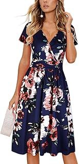 OUGES Women's Summer Midi Dress V-Neck Long/Short Sleeve Floral Ladies Spring Dress with Pockets