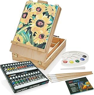 Artworx Painting Set for Adults - Box Easel - Portable Table Top Easel - Kit Includes 2 x Canvasses, 24 x Paints & 6 Brushes - Canvas Painting Set