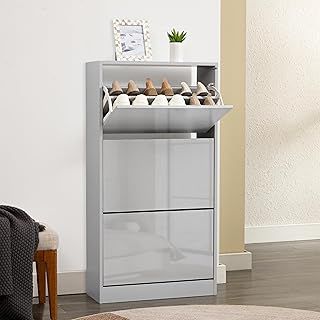 3 Drawer Shoe Storage Cabinet Pull Down Shoe Cabinet 3 Tier Shoe Rack Wooden Furniture Unit Cupboard Shoe Storage Organiser for Hallway Entryway, Living Rooms, Black, 60W x 24D x 118H cm