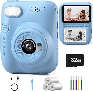 Hangrui Kids Camera Instant Print,3.0'' 1080P Kids Instant Print Camera with 32G Card,3 Rolls Printing Paper and 5 Color Pens, Gift Toy for Girls Boys 3-12 Years Old -Blue