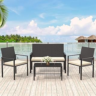 bigzzia Rattan Garden Furniture Set, 4 piece Patio Rattan furniture sofa Weaving Wicker includes 2 Armchairs,1 Double seat Sofa and 1 table (New Black Set)