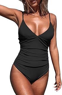 CUPSHE Women Swimsuit One Piece V Neck Tummy Control Ruched Front Low Back Bathing Suit Swimwear