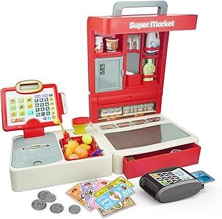 RedCrab Supermarket Cash Register for Kids,Kids Pretend Play Store Calculator Childrens Till Gift with Scanner,Play Money,Pretend Credit Card, Play Food for Boys & Girls