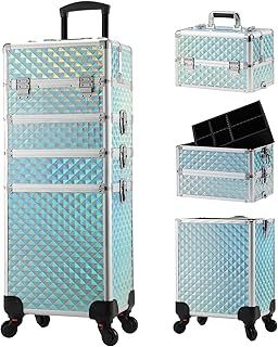 Professional 4-in-1 Large Makeup Trolley Beauty Cosmetics Vanity Organizer Rolling Make up Train Case Hairdressing Storage Box with Universal Wheels and Key Locks 4 Tiers (Mint Blue)