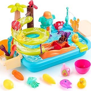 Juboury Kids Play Kitchen Sink Toy With Manual Faucet, Sink With Running Water, Fishing Water Toys, Children's Play Kitchen Gift for Boys Girls