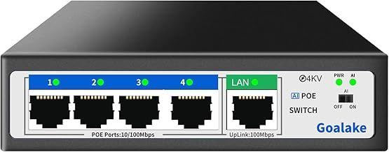 Goalake PoE+ Switch 5 Port 100Mbps（4 PoE Ports +1 Uplink), 802.3af/at, 52W for all PoE Ports, AI Extended to 250m, Ideal for IP Surveillance and Access Point, Desktop/Wall Mount(Unmanaged)