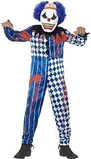 Smiffys Deluxe Sinister Clown Costume, Blue with Jumpsuit, EVA Mask, Attached Brain & Hair, Halloween Child Fancy Dress, Clown Dress Up Costumes