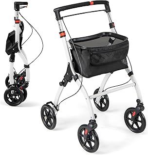 GYMAX Folding Rollator Walker for Elderly, 4 Wheel Narrow Walking Aid with Removable Tray, Basket and Brakes, Adjustable Lightweight Rollator for Disabled