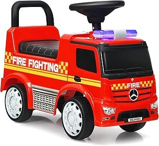 COSTWAY Ride On Push Car, Licensed Toddler Walker with Steering Wheel, Horn, Headlights, Under Seat Storage, Foot to Floor Slider Riding Toy for Boys Girls (Fire Engine)