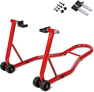 Motorbike Stand, Adjustable Rear Track Paddock Stand on Wheels, Heavy Duty Motorcycle Lift Stand for Workshop Garage Repair Shop (Red Body)