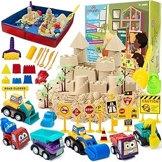 CROSOFMI Play Sand for Kids 2lbs Magic Sand with 6 Construction Vehicles 10 Road Signs and Foldable Sandbox and Moulds and Tools Toys for Boys Girls 3 4 5 6 7+ Year Old