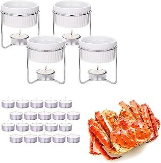 Luvan 4Pcs Chocolate Cheese Fondue Pot Set with 20 Pieces Tealight Candles Butter Warmer for Seafood Lobster Insulated Ceramic Butter Melter Microwave, Oven, Freezer and Dishwasher Safe
