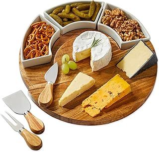 Large Serving Platter with Ceramic Dishes & Knife Set- Gift Boxed - Cheese Board and Knife Set