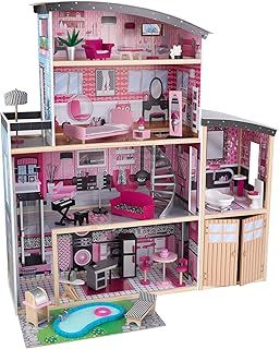 KidKraft Sparkle Mansion Wooden Dolls House with Furniture and Accessories Included, 3 Storey Play Set with Cat, Lift, Garage and Pool for 30 cm/12 Inch Dolls, Kids' Toys, 65826