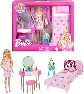 Barbie Doll and Bedroom Playset, Barbie Furniture and 20+ Storytelling Accessories Including Robe and Kitten, HPT55