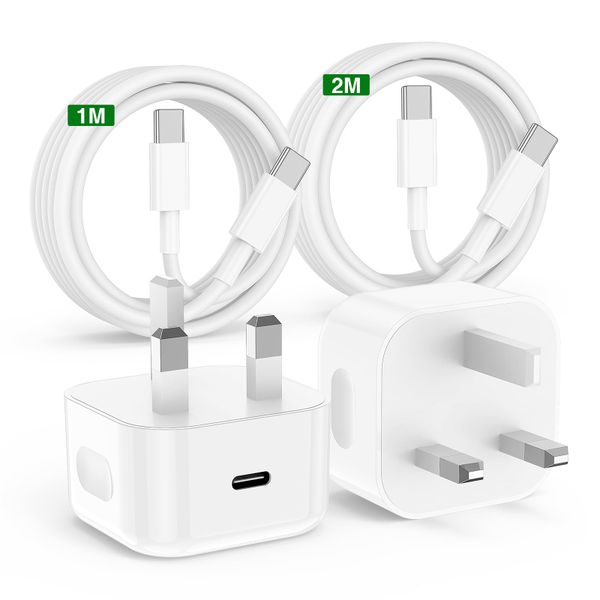 2Pack iPhone 17 16 15 Pro Max Fast Charger,[Apple MFi Certified] 20W PD USB C Plug UK with 2M+1M USB C to C Charging Cable for iPhone 17 Pro/16 Pro Max/15/16/15 Pro/16 Plus/16e,iPad Pro/Air/Mini