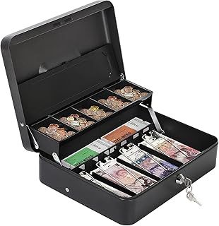 HAITRAL Metal Cash Box with Key Lock, Note and Coin Safe Box, Portable Large Double Layer Cash Box with Fixed Coin Tray and 2 Keys, Money Tin 11.8 X 9.4 X 3.5 Inch, Black