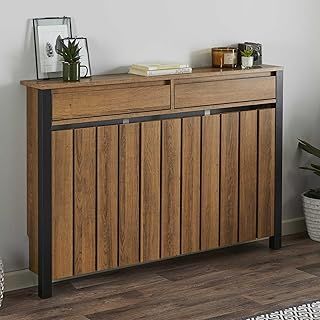 Radiator Cover Black & Wood Plywood Cabinet Vertical Slat Storage Drawers & Shelf, Radiator Cabinets for Office Hallway Living Room Bedroom, Medium (H: 119cm / W: 93cm / D: 19cm)
