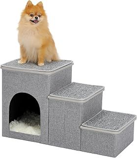 PETEPELA Dog Steps for Bed, 3 Steps for Dog Step for Sofa with Storage for Small Dogs for Bed, Foldable Pet Stairs for Couch and High Bed Hold up to 30KG, Wood Grey