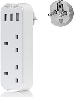 UK to European Plug Adapter with 3 USB, TESSAN Grounded EU Euro Europe Travel Plugs, Schuko European Adaptor for France Spain Iceland Austria Poland Germany Portugal Turkey Greece and More Type E/F
