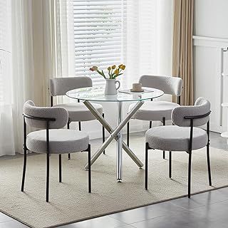 Round Glass Dining Table and Chairs Set, Space Saving Kitchen Table with Dining Chair Set, Clear Glass Table with Chrome Legs, Small Dining Room Set (Fluffy Grey, Table with 4 Chairs)