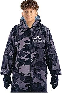 Hazy Blue Waterproof Windproof Breathable Kids Outdoor Changing Robe Oversized with Soft Touch Sherpa Lining Hooded Unisex Swimming (UK, Age, 10 Years - 13 Years, Regular, Camo Black)