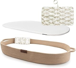 Deluxe Baby Changing Basket with Extra Travel Changing Pad, Premium Portable Baby Changing Mat with Ultrasoft Cover, Cotton Rope Baby Basket, Changing Table Topper for Dresser (Brown)