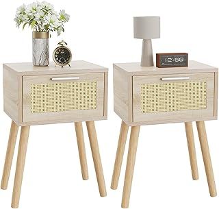 YMYNY Nightstand Set of 2, End Table, Small Bedside Table, Handmade Rattan Decorated Drawer, Solid Wood Legs, 35×27×53cm, Modern Side Table for Bedroom, Living Room, Natural HST010N-2