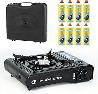 Camping Stove with Carry Case and 8 Butane Gas Canisters - Premium Portable Gas Stove EN417 Compliant With Heat Control, Piezo Ignition system- Camping Cooker For Outdoor Use, Picnic & Garden