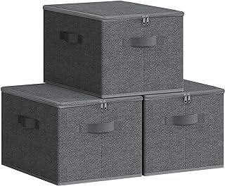 SONGMICS Foldable Storage Organiser Boxes, Set of 3 Storage Basket Bins with Lids, Handles, Clothes Organiser, 40 x 30 x 25 cm, Non-Woven Fabric, Slate Grey RYZB03G