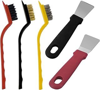 2Pcs Plastic Oven Scraper Tool Non Scratch Cleaning Scraper Kitchen Grease Scraper Hob Scraper Glass Scraper Nylon Super Scraper Ice Scraper with 3Pcs Stainless Steel Brass Nylon Brush for Stove Pan