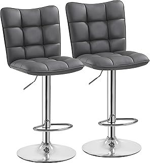 Yaheetech Modern Barstools Set of 2 PU Leather Height Adjustable Swivel Bar Chair, with Footrest and Base for Breakfast Counter Kitchen and Home Bar, Grey