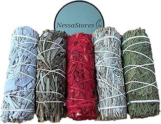 5 pc Smudge Stick Sampler 1 Kit of White Sage, Black Sage, White Sage Dragon's Blood, Blue Sage, & Cedar - 4 Inch Hand Tied, All Natural, Ethically Sourced for Home Cleansing JC-209