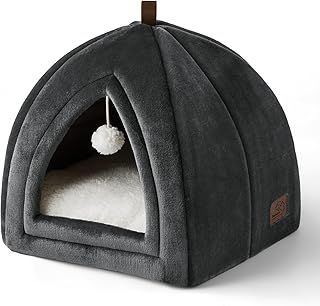 Bedsure Cat Cave Bed Indoor - Flannel Hooded Cat Igloo House, 38x38x38cm Enclosed Foldable Pet Bed with Removable Washable Cushion Pillow, Grey