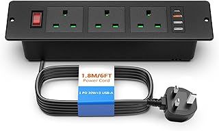 Ohuo Recessed Power Strip with 3 USB-A, 1 USB-C PD 20W, Desktop Power Socket with Switch