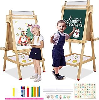 Kids Easel Wooden Art Easel Double-Sided Standing Easel Height Adjustable Painting Drawing Board Chalkboard Blackboard & Whiteboard with Paper Roll Letters Numbers and Other Accessories