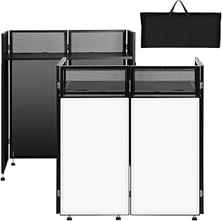 SMONTER Portable DJ Booth 41"L x 20"W DJ Facade with White & Black Scrim, Foldable DJ Table Station with Adjustable Feet for Party, Black Metal Frame