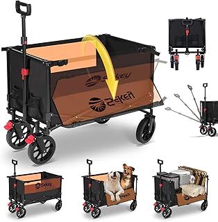 Sekey Folding Wagon with 220LBS Large Capacity,Heavy Duty Beach Wagon Cart on Big All-terrain Wheels,Collapsible Trolley Cart with Adjustable Handle & Drink Holders, Black&Orange