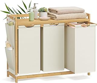SONGMICS Laundry Basket with 2 Compartments, Laundry Hamper, Holds up to 100 L, Laundry Sorter, with Shelf, Laundry Bag, Side Pockets, 2 x 50 L, 63 x 33 x 78 cm, Cream White RLH100W01