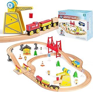 SYNCFUN 60PCS Montessori Wooden Train Set - Construction Express, Engineering Railway with Magnetic Crane, Trains & Accessories, Birthday Gift Train Set Toy for 3 4 5 Years Old Toddlers Boys Girls
