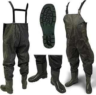 DNA NEW 100% Waterproof Lightweight Green PVC Carp Coarse Fly Fishing Chest Waders with Elasticated Quick Release Buckle Suspenders and High Grip Boots/Wellies in