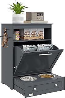 PawHut Pet Feeder Station, Dog Food Storage Container w/Raised Dog Bowls, Hanger, for Food and Water - Grey