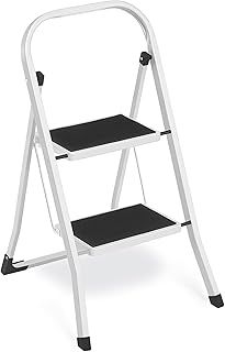 SONGMICS GSL12WT Folding Ladder, 2 Steps, Alloy Steel, White, 150 kg, EN14183 Certified